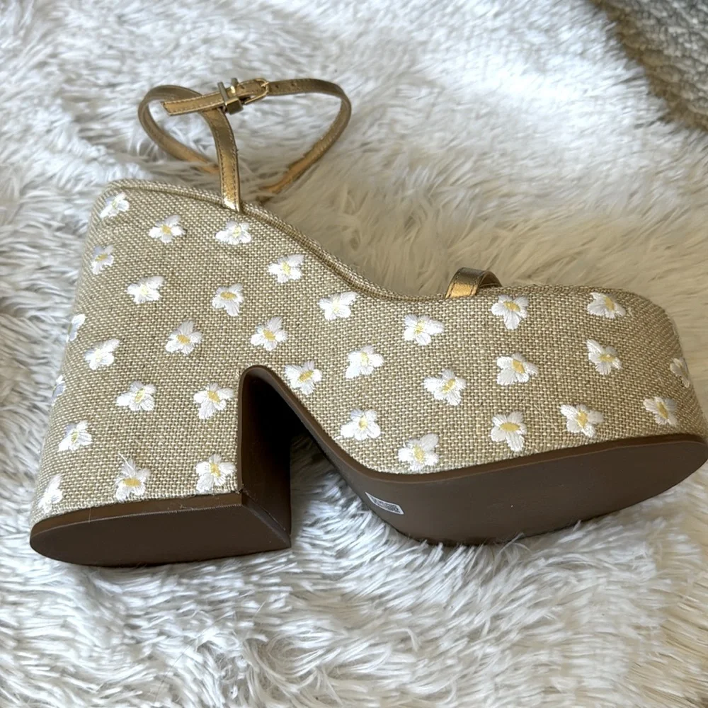Larroude Wanda Platform Sandals in Gold Leather & Daisy Tan Raffia Rare - Picture 14 of 16